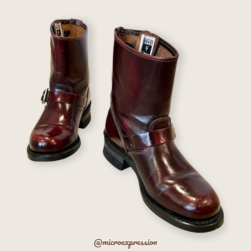 $389 Veronica Short Engineer Lug Sole Belted Red Oxblood Leather Moto Ankle Boot - Picture 7 of 13